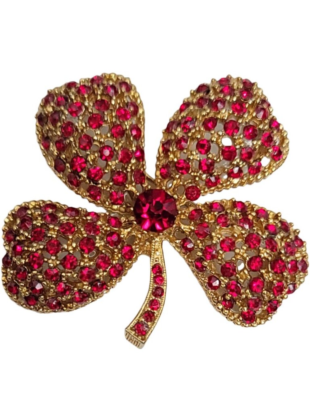 Signed ART Arthur Pepper Gold-Tone RES Pink Rhinestone Clover Leaf Brooch